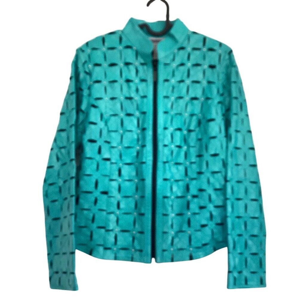 Vintage Stillman Studio Lamb Leather Jacket Size S Turquoise Teal  geometric  So